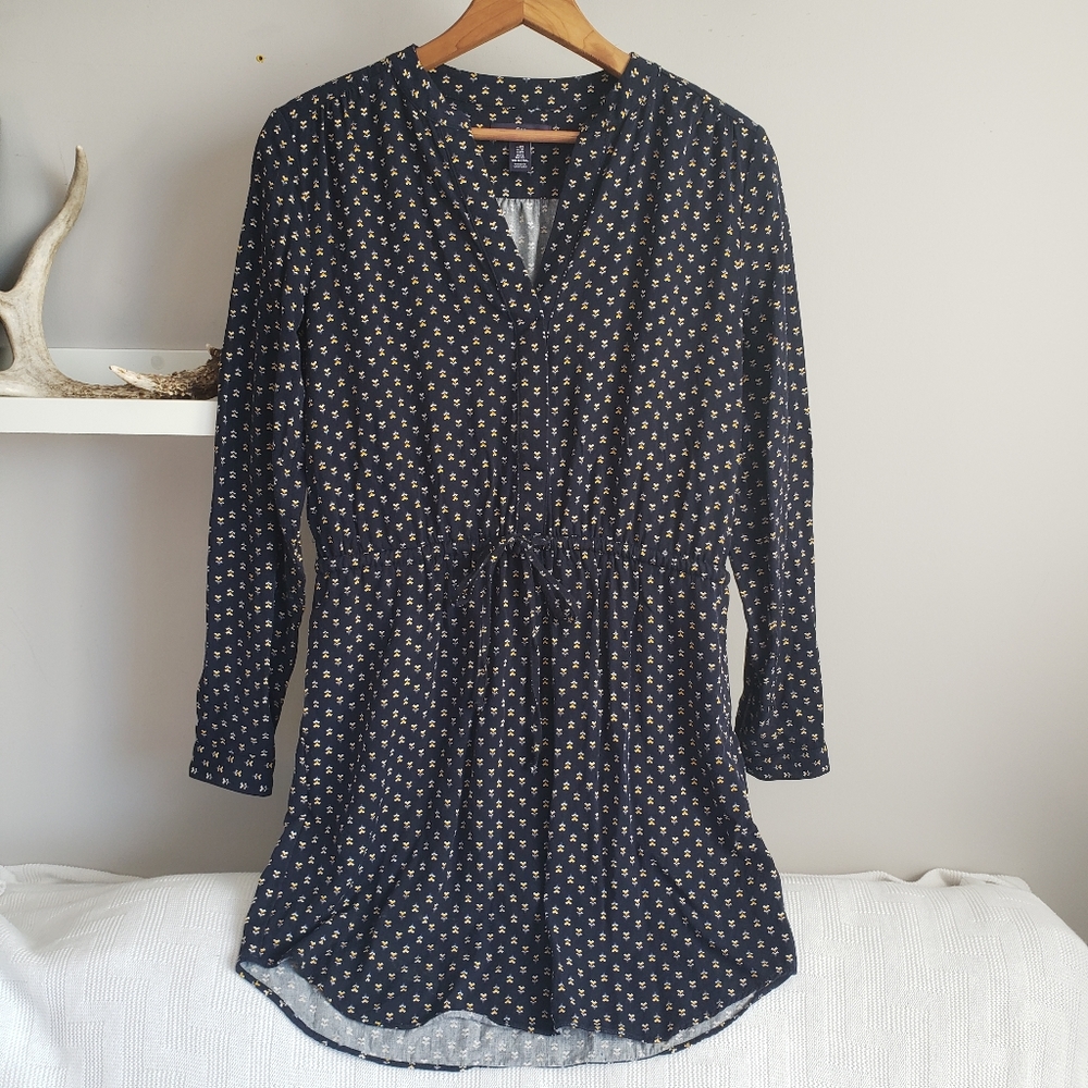 Gap Navy Print Tie Waist Long Sleeve Shirt Dress Size XS